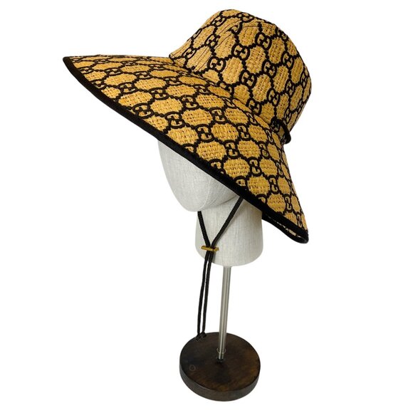 Gucci Mustard / Dark Brown Unisex GG Raffia Wide Brim Hat - Picture 5 of 11